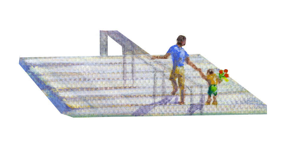 Painting detail of a father walking down courthouse steps holding his child's hand