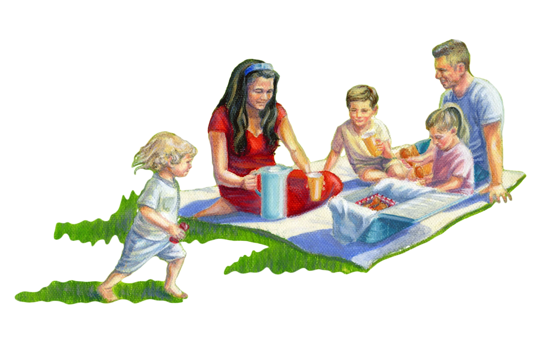 Painting of families picnicking on the lawn of the Federal Reserve beneath a banner reading Jubilee