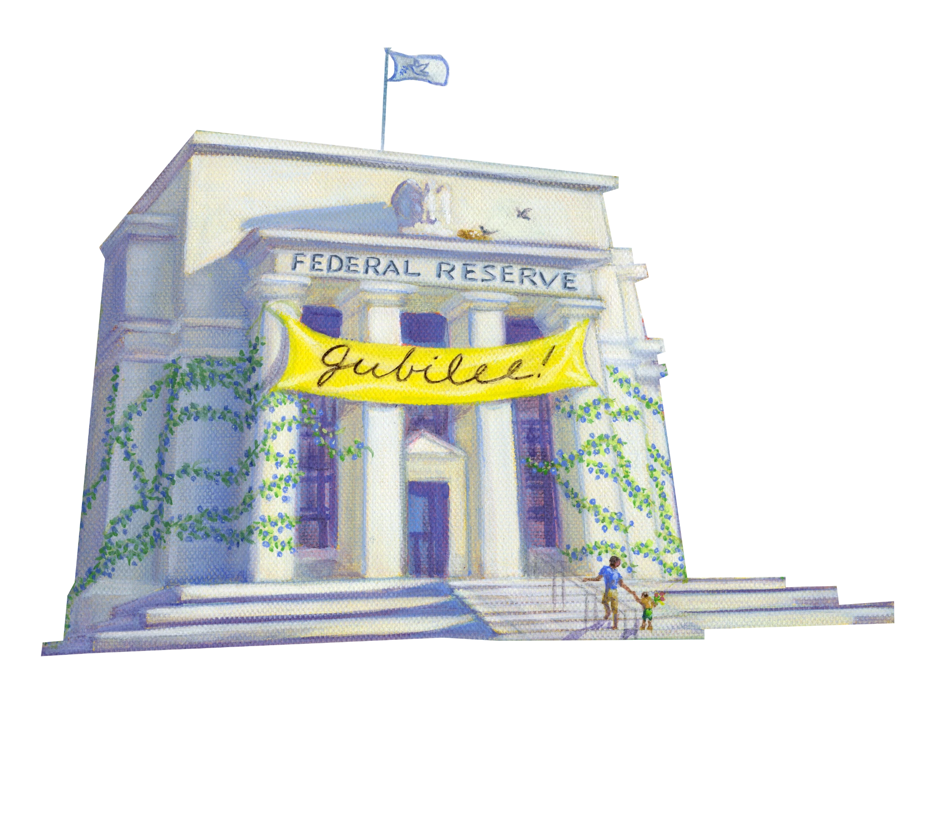 Painting of the Federal Reserve building draped with a Jubilee banner