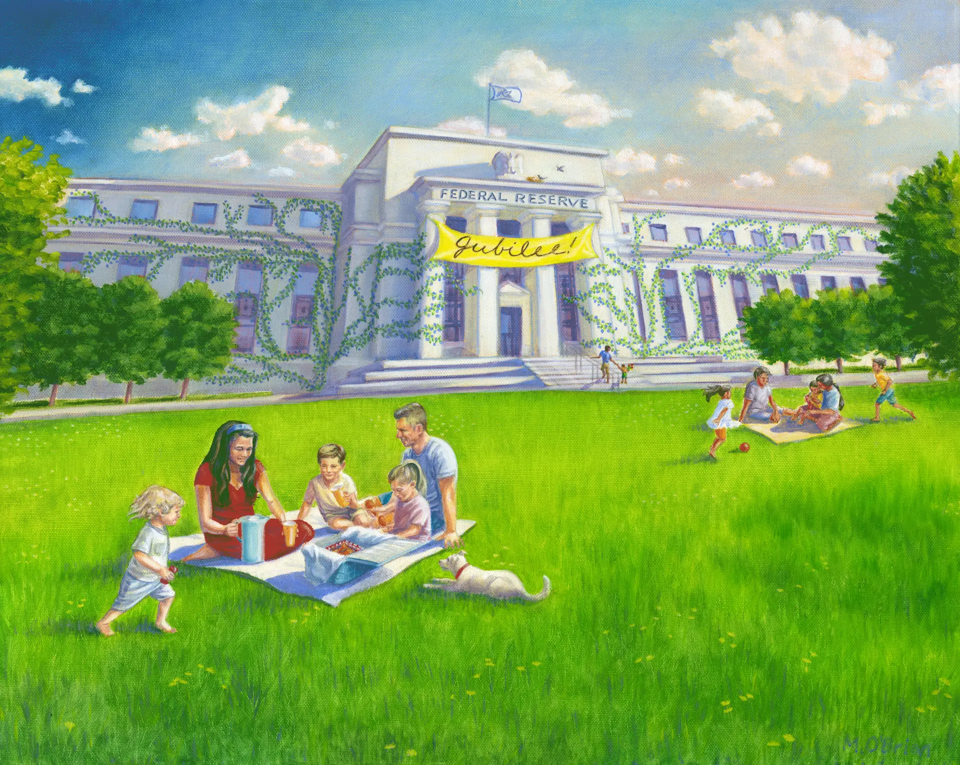 Painting of families picnicking on the lawn of the Federal Reserve beneath a banner reading Jubilee
