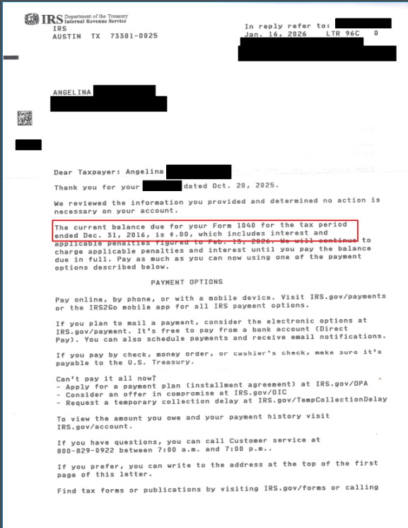 Redacted IRS Letter 96C stating no further action is necessary and the account is now closed